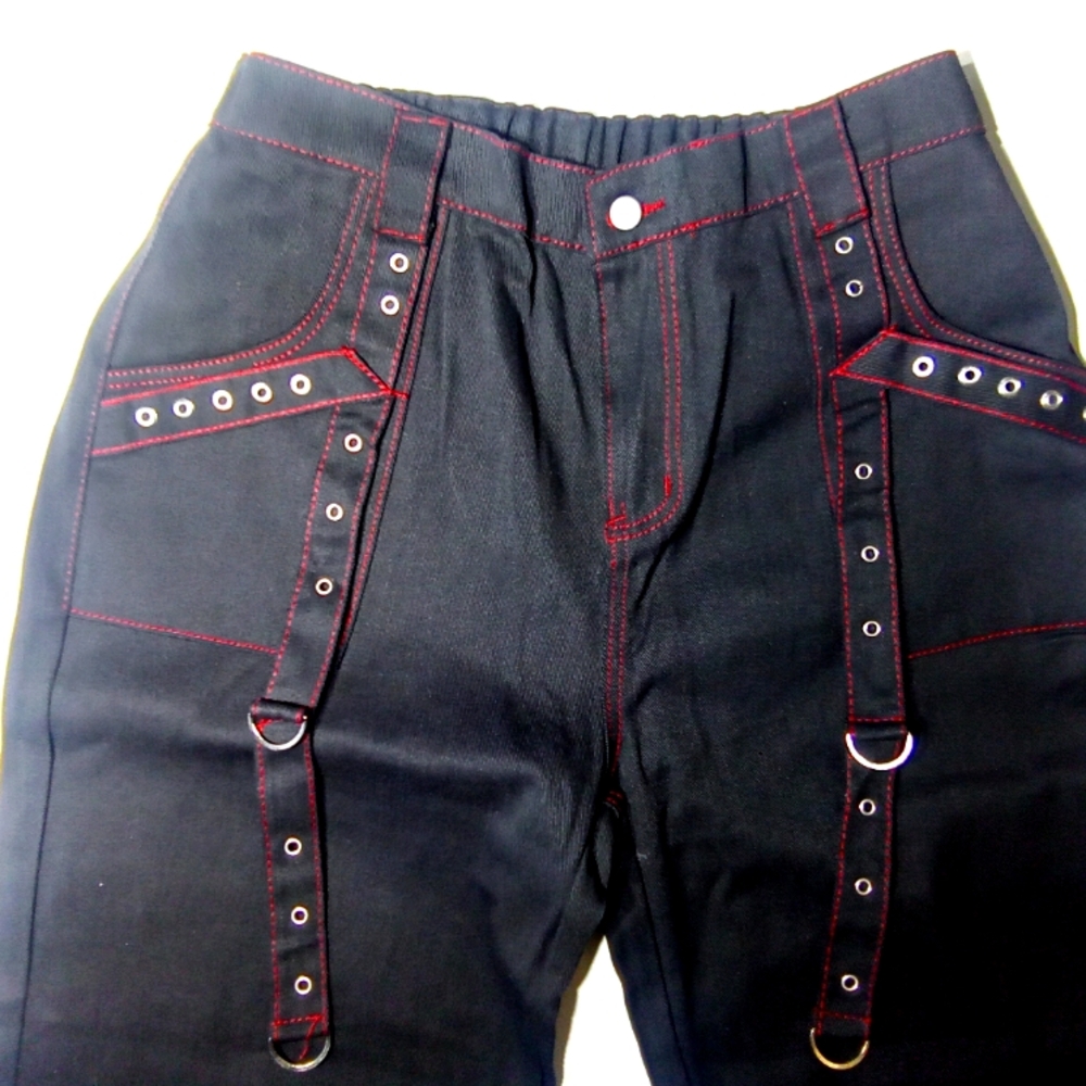 Women's XXL Black Pants with Red Stitching and Metal Accents